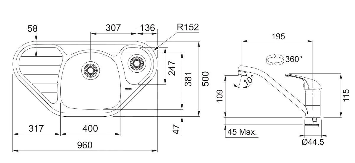 Franke Sets - Set N80, Rvs HoekspoelbakSKX 651 E En Keukenkraan FB 250.031, Rvs/chroom 101.0618.835 - Afbeelding 2