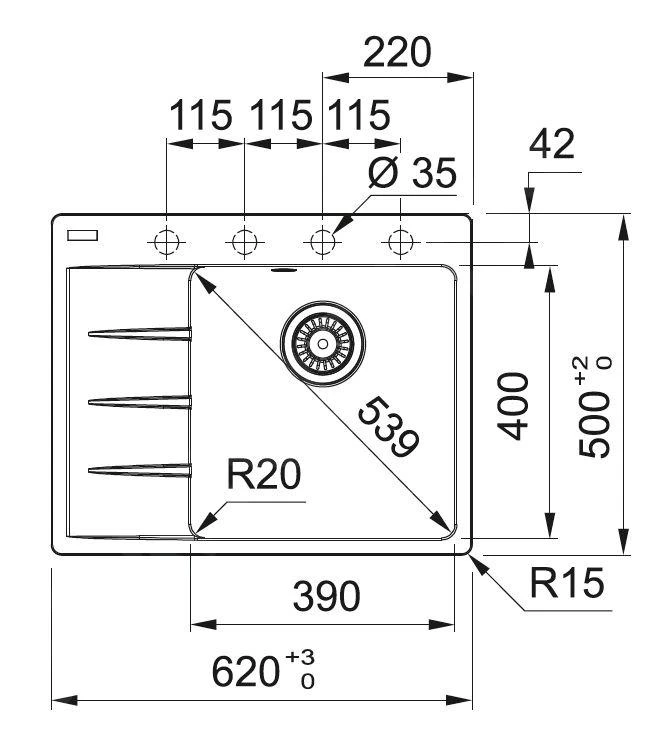 Franke Sets - Set G231, Fragraniet Spoelbak CNG 611-62 TL/7 En Keukenkraan FP 9000.071, Onyx 114.0650.792 - Afbeelding 2
