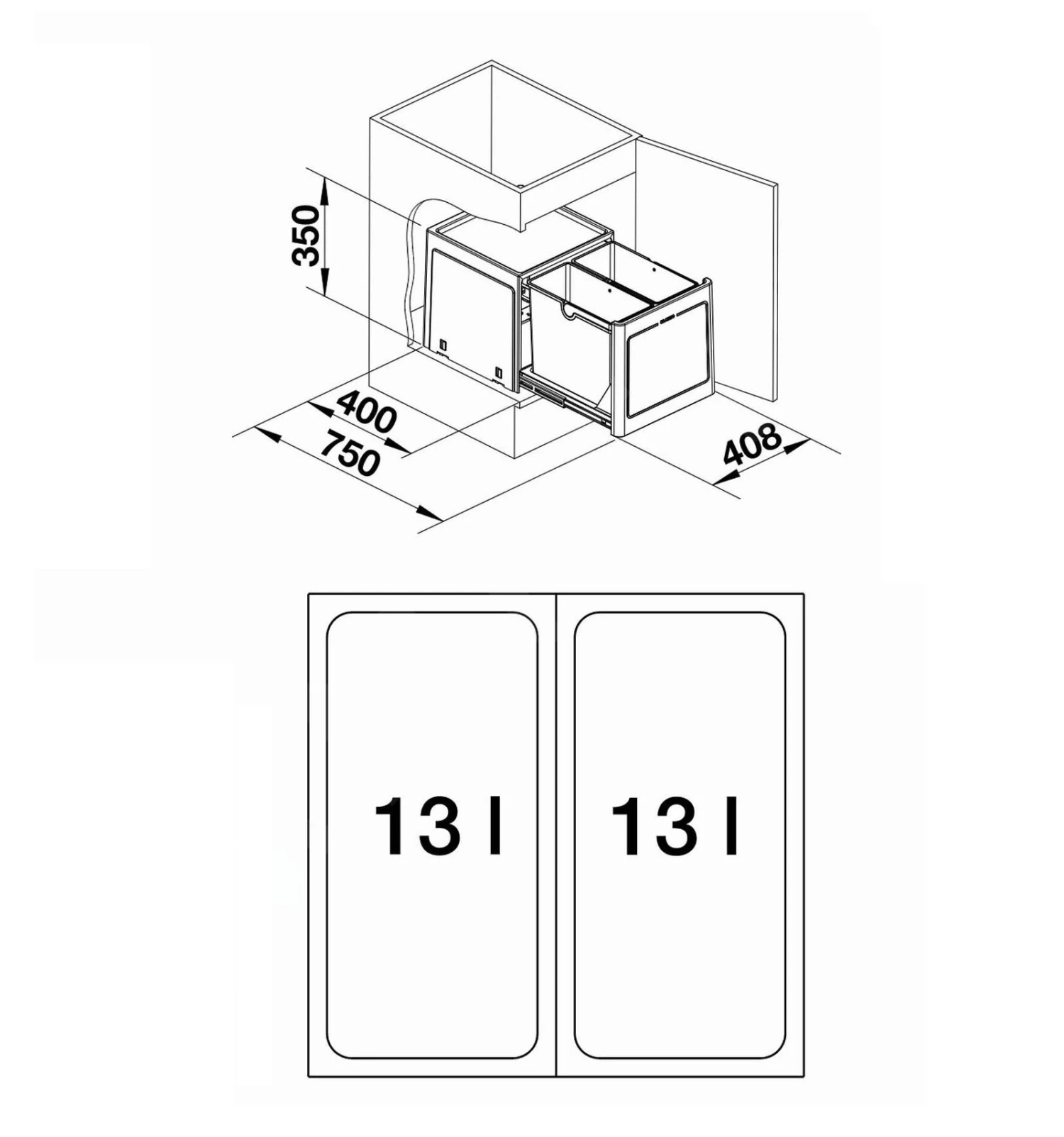 Blanco Botton Pro - Afvalsorteersysteem, Met Scheidingswand, Inhoud 26 L 517468 - Afbeelding 2