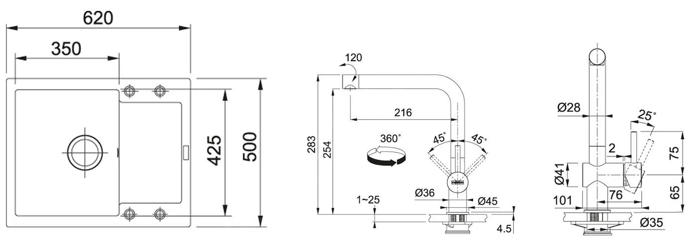 Franke Sets - Keukenset G7, Fragraniet Spoelbak MRG 611-62, Onyx + Kraan Samoa, Chroom 114.0253.063 - Afbeelding 2